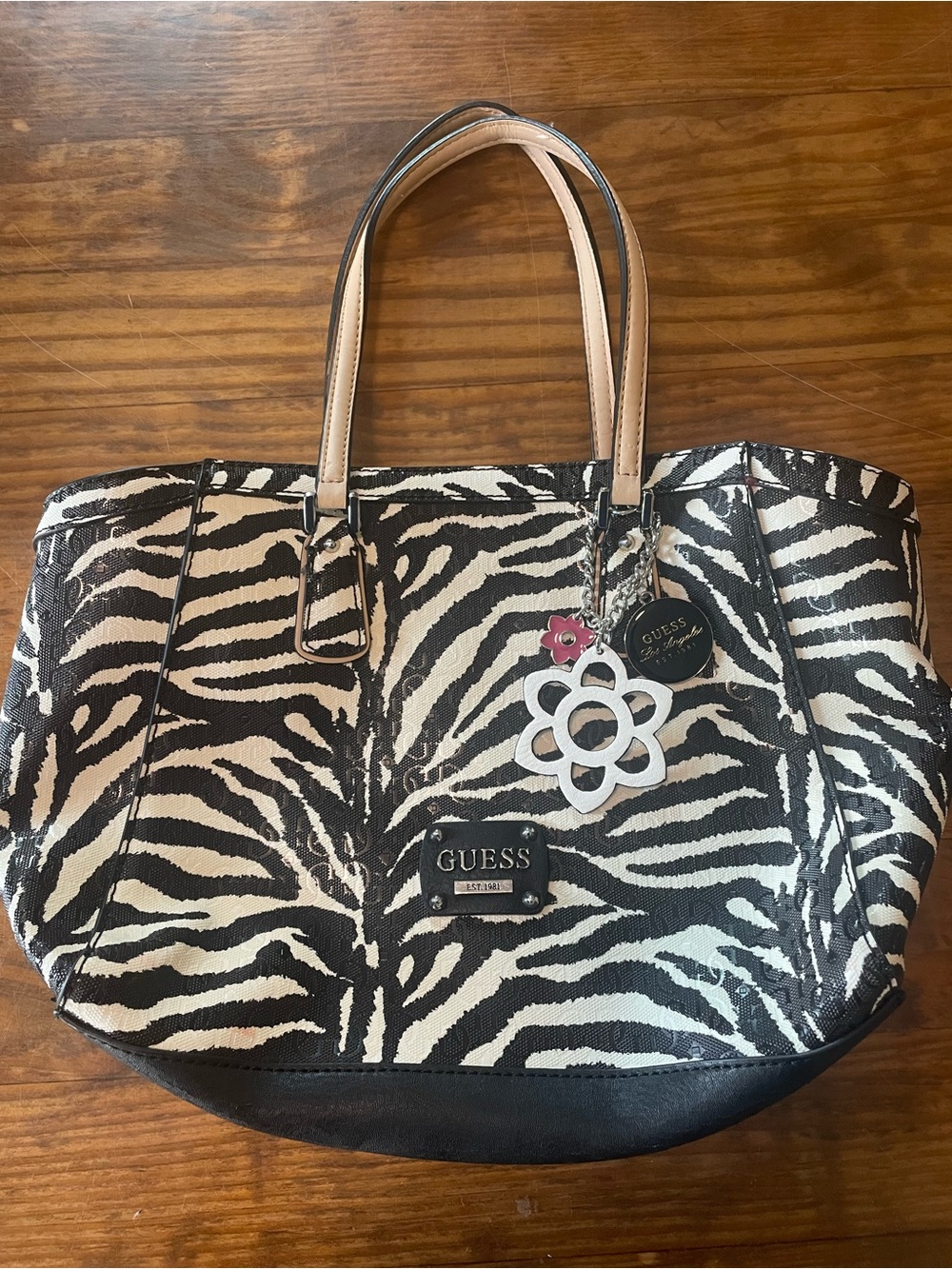 GUESS Zebra-Print Tote with Flower Charm Bag Purse Stylish